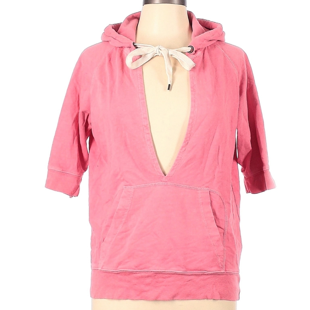 J Crew Vintage French Terry Hoodie Half Sleeve Pink Cover Pop Over Linen Blend